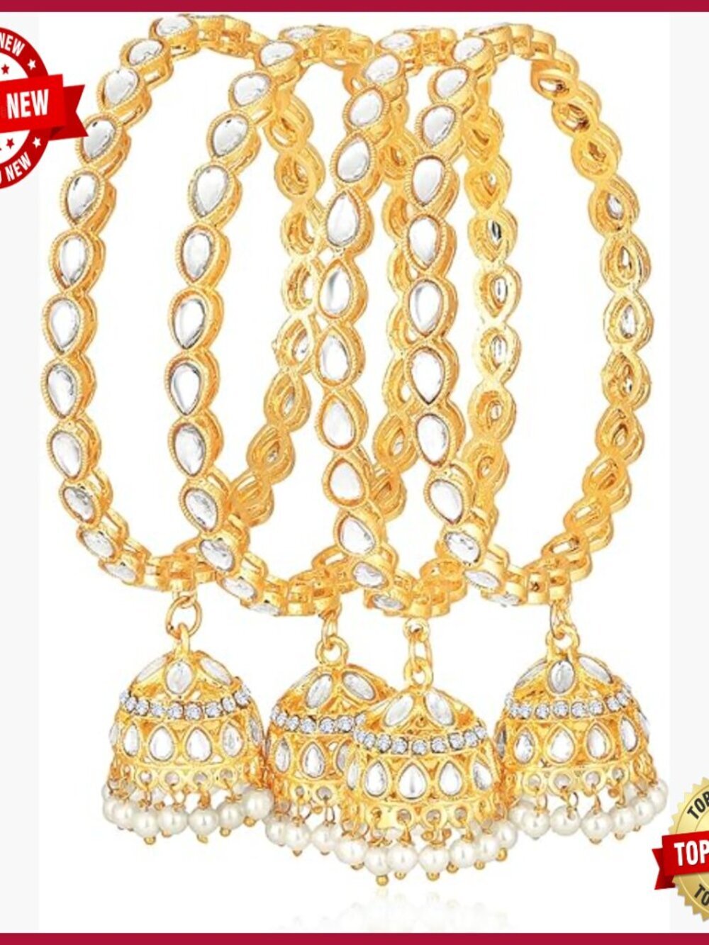 Gold Plated 2.8" Kundan Studded Bangle Set with Jhumka